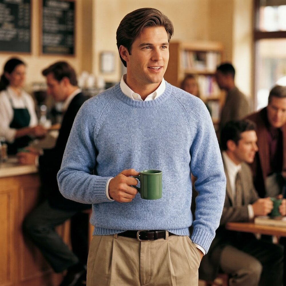 The Fox Collection Mens Medium Sweater Light Blue Wool Blend Archival Crewneck